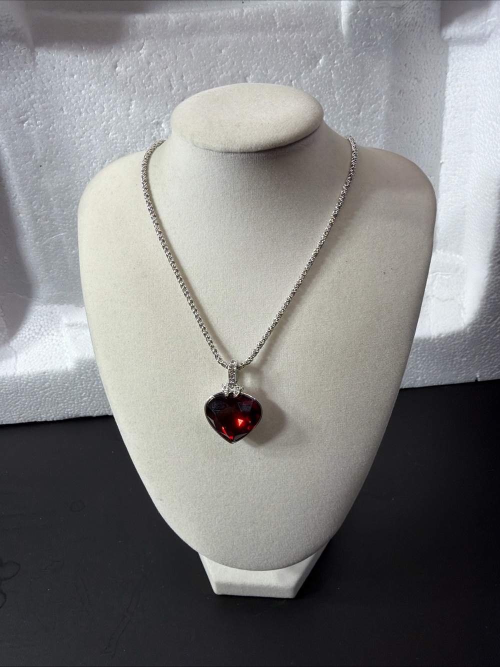 Swarovski Crystal Rhodium Silver Ruby RED OCEANIC HEART Pendant NECKLACE -No Box